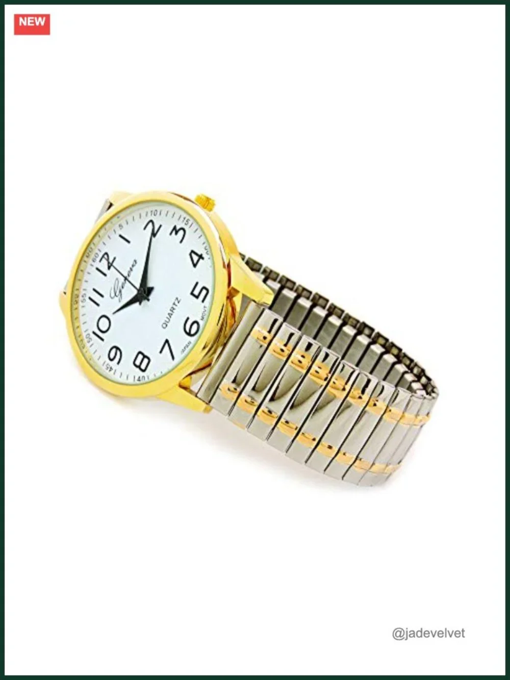 Two-Tone Stretch Band Watch Large Face Easy to Read Japanese Quartz